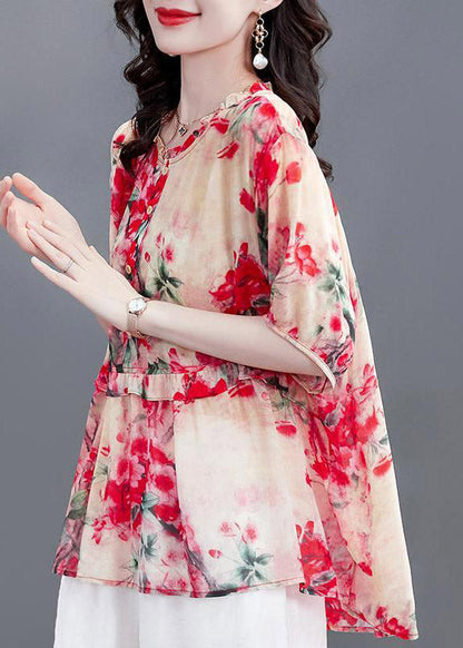 Watermelon Red O-neck Button Chiffon Shirt Short Sleeve