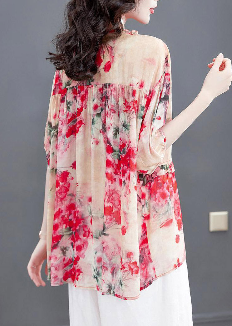 Watermelon Red O-neck Button Chiffon Shirt Short Sleeve