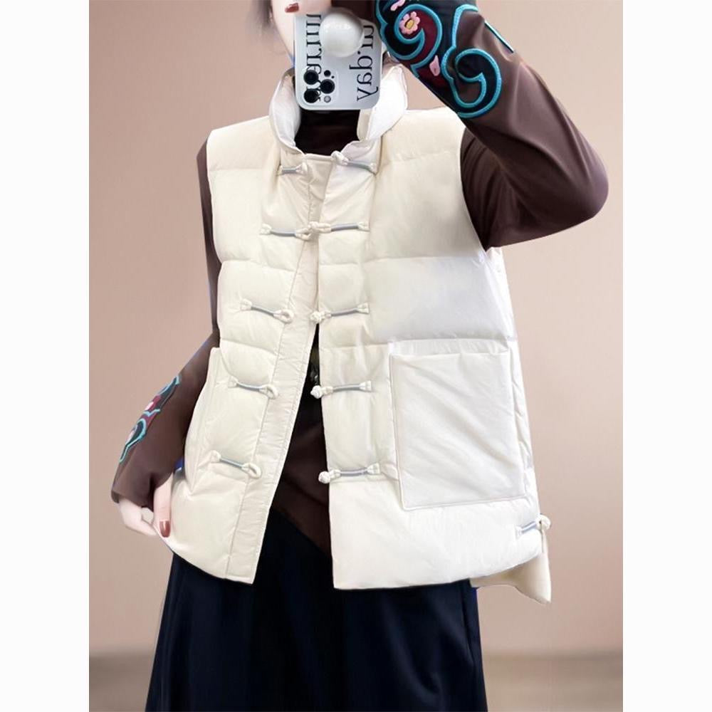 Diy Red Stand Collar Pockets Oriental Winter Puffer Vest