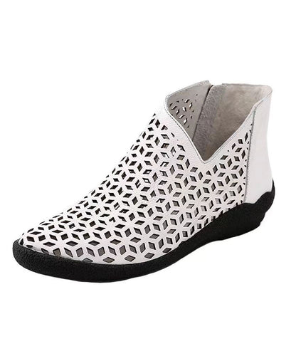 White Ankle Boots Wedge Cowhide Leather Splicing Hollow Out