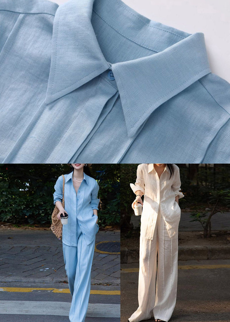White Button Linen Shirts and Wide Leg Pants Two Pieces Set Spring