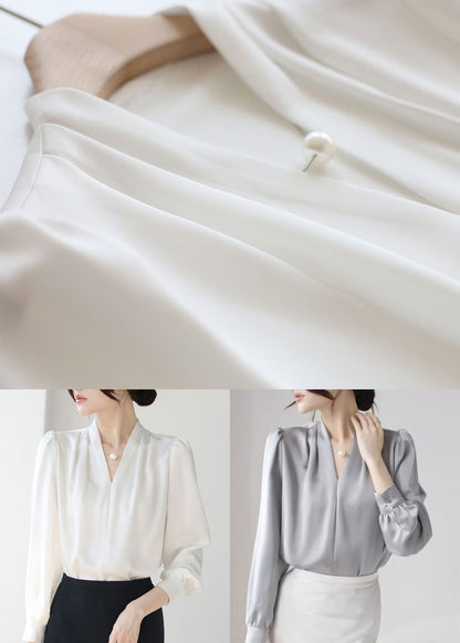White Button Original Design Silk Fall Shirt V Neck