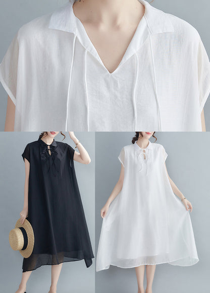 White Chiffon Long Dress Extra Large Hem Lace Up Short Sleeve