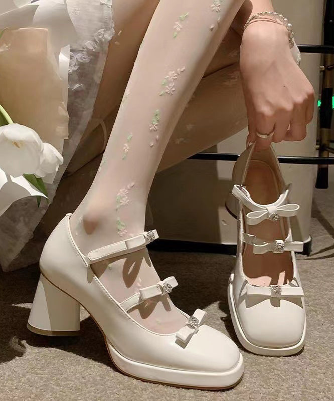White Chunky Heels Cowhide Leather Splicing Bow