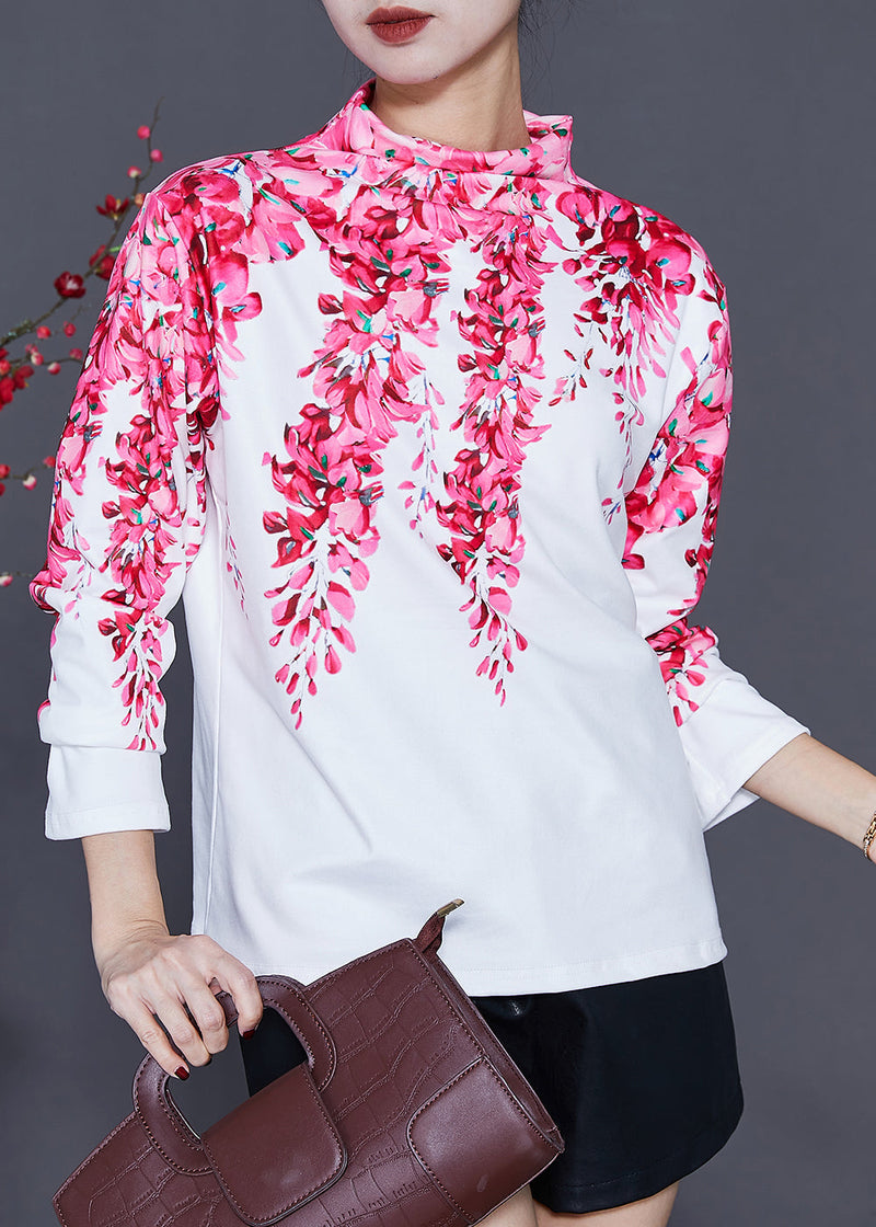 White Cotton Shirt Turtle Neck Print Spring