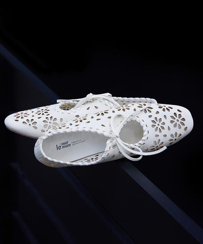White Cowhide Leather Splicing Hollow Out Lace Up Flat Shoes