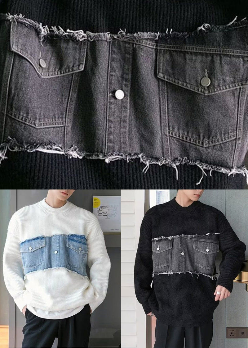 White Denim Original Design Patchwork Knit Sweaters O Neck