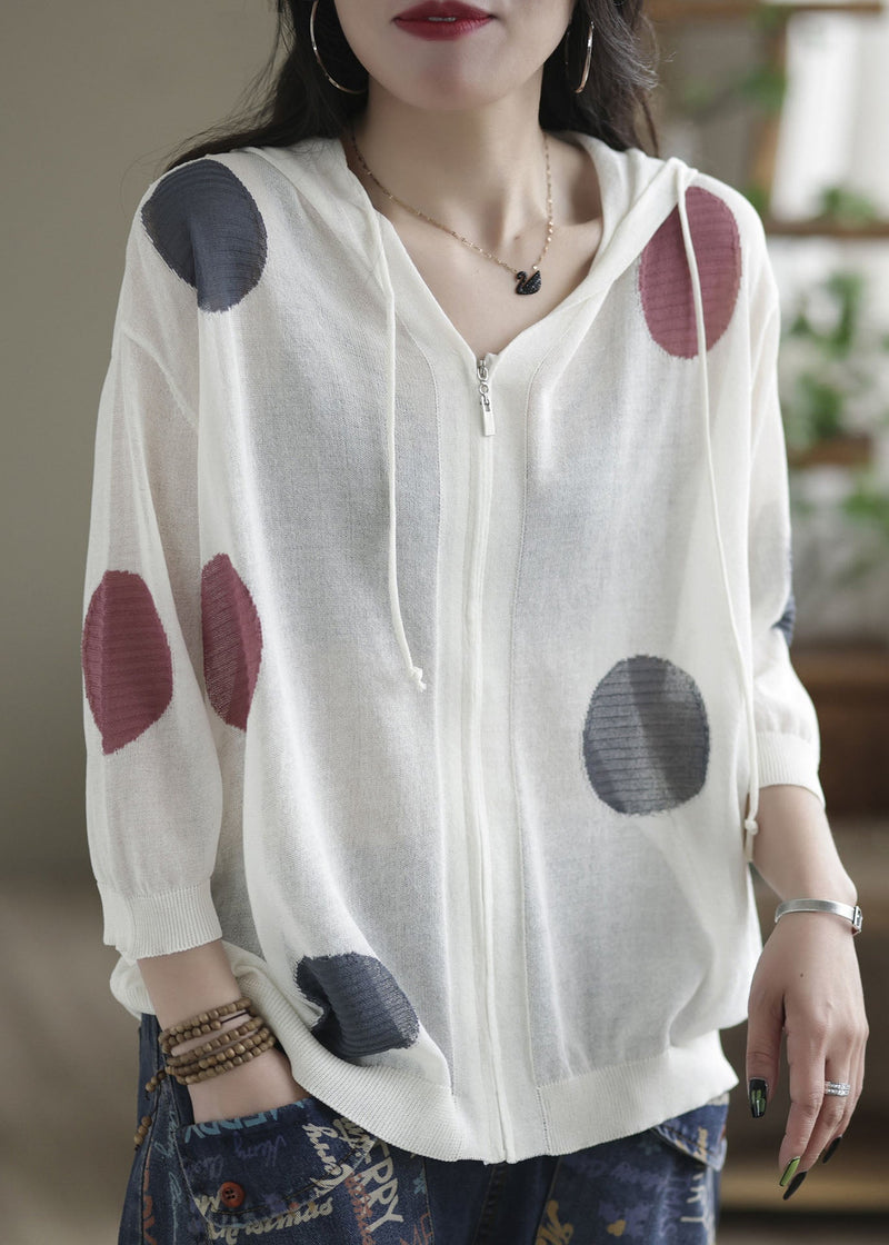 White Dot Print Knit Upf 50+ Coat Jacket Hooded Drawstring Spring