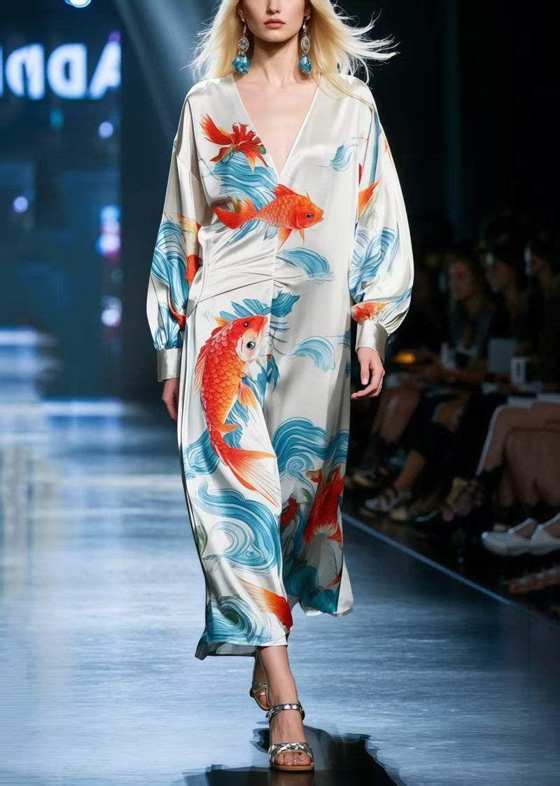 White Draping Silk Party Dress Oversized Koi Fish Print Spring