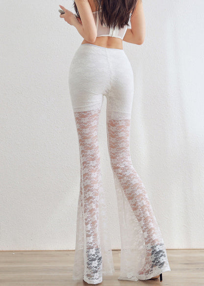 White Elastic Waist Lace Flared Trousers Hollow Out
