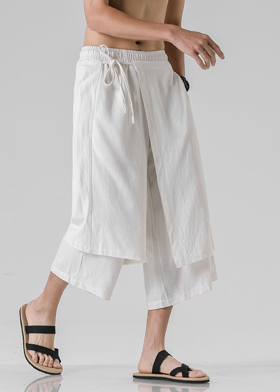 White Elastic Waist Crop Straight Pants