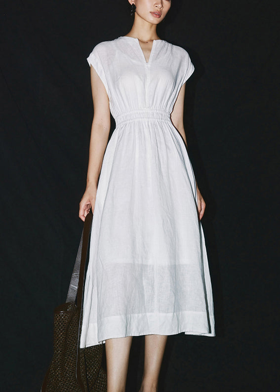 White Elastic Waist Linen Maxi Dress Short Sleeve