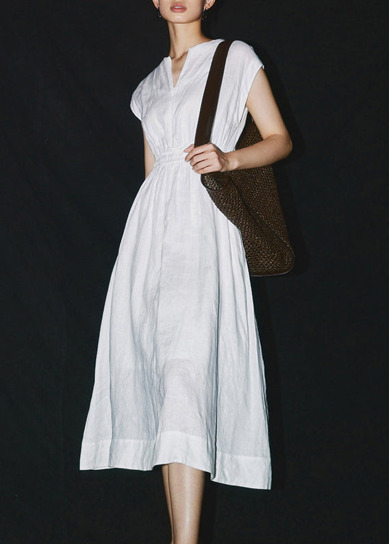 White Elastic Waist Linen Maxi Dress Short Sleeve