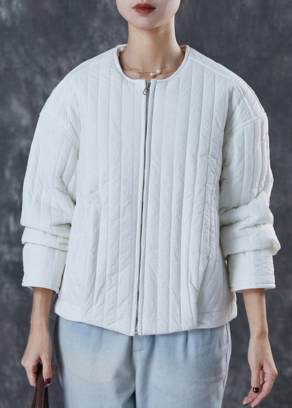 White Fine Cotton Filled Jacket O-neck Zip Up Spring