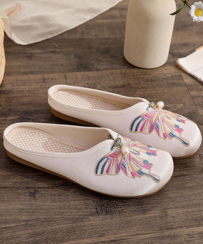 White Flat Slide Sandals Cotton Fabric Soft Splicing Embroideried