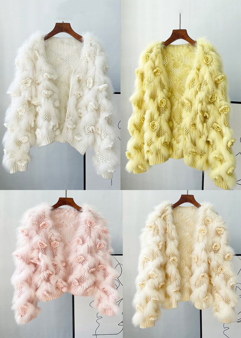 White Hollow Out Mink Hair Knitted Coat Winter