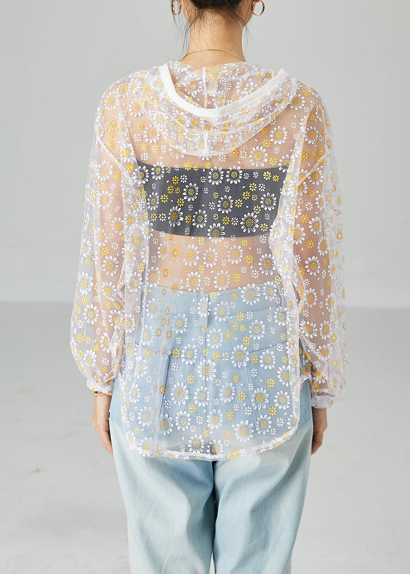 White Hollow Out Tulle Upf 50+ Coat Jacket Hooded Print Summer