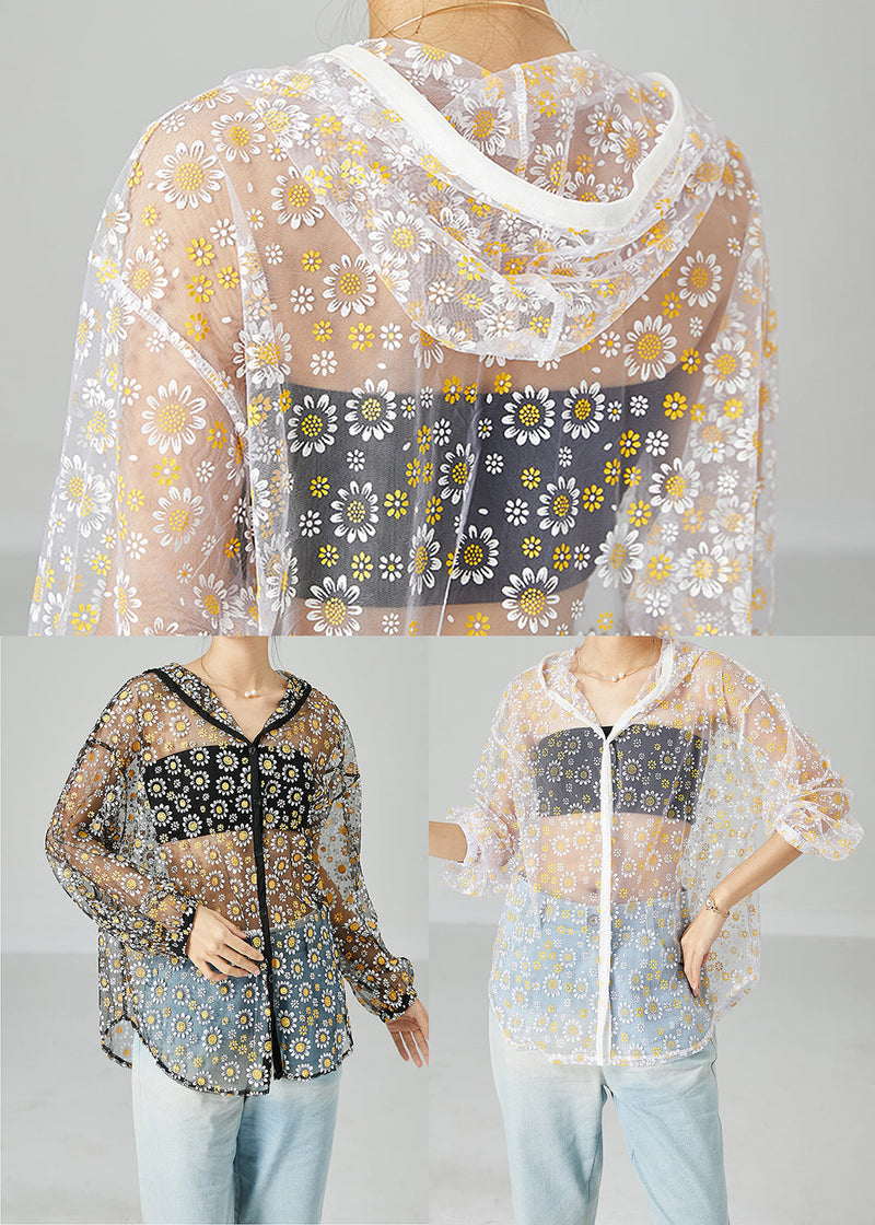 White Hollow Out Tulle Upf 50+ Coat Jacket Hooded Print Summer