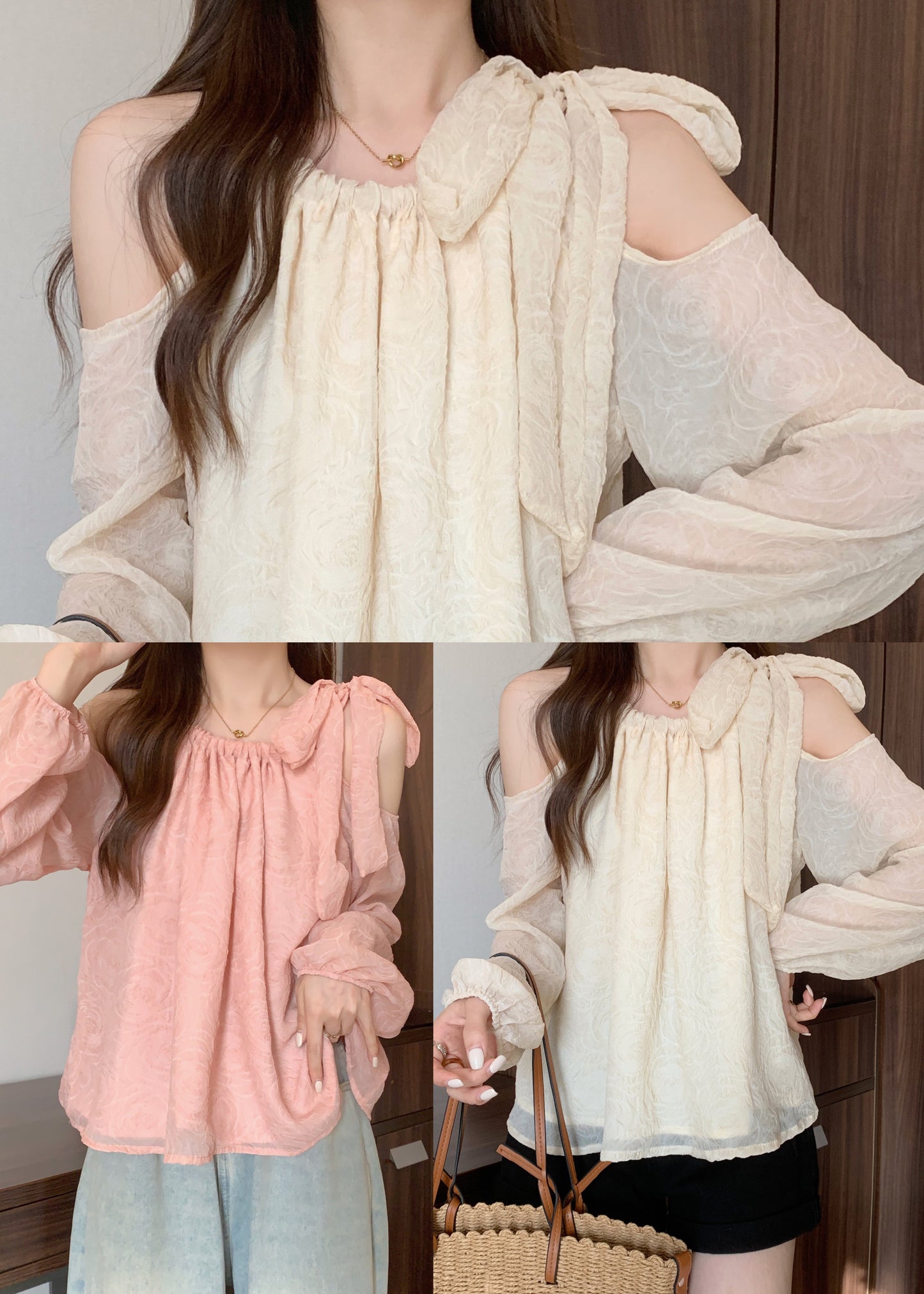 White Jacquard Chiffon Shirt Tops Cold Shoulder Fall
