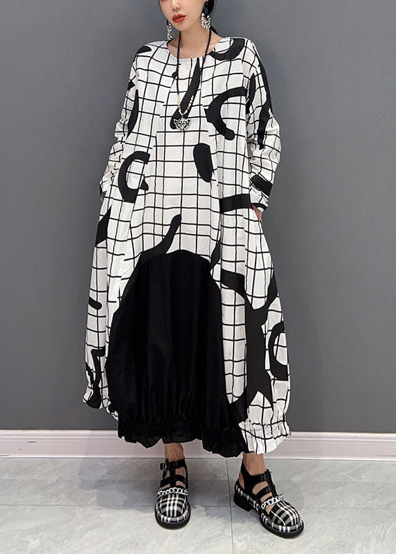 White Letter Print Cotton Ankle Dress O-neck Wrinkled Spring