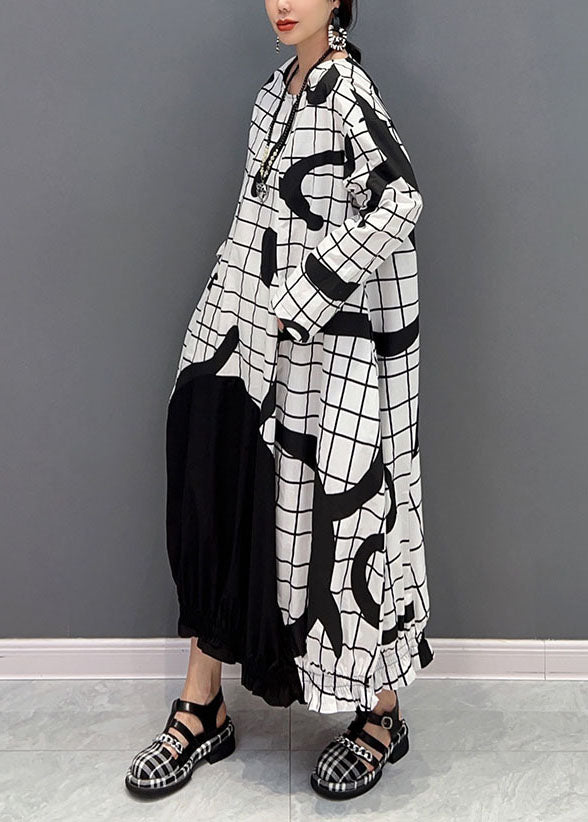 White Letter Print Cotton Ankle Dress O-neck Wrinkled Spring