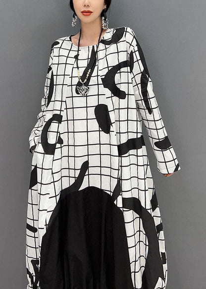 White Letter Print Cotton Ankle Dress O-neck Wrinkled Spring