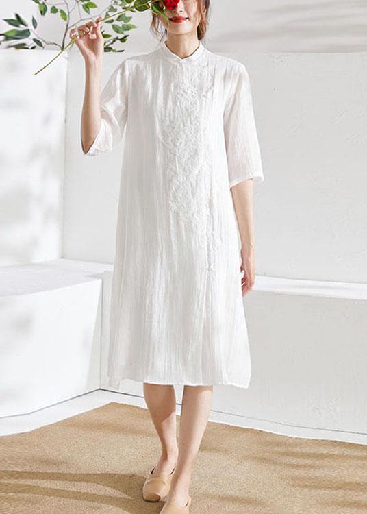 White Mandarin Collar Embroideried a Line Summer Ramie Holiday Dress Half Sleeve
