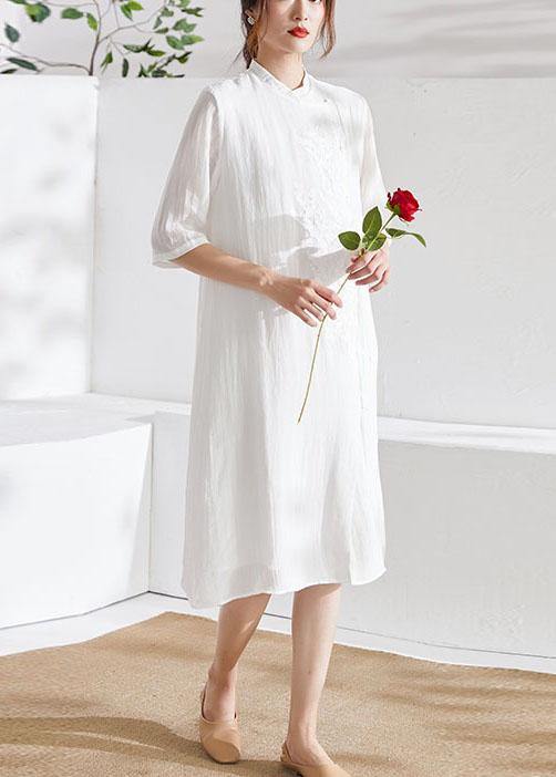 White Mandarin Collar Embroideried a Line Summer Ramie Holiday Dress Half Sleeve