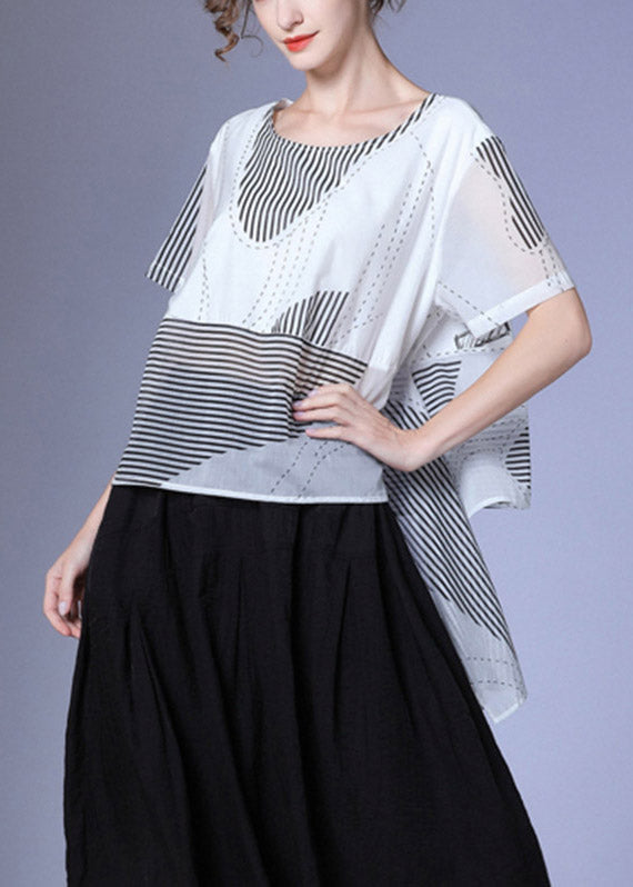 White O-neck Asymmetrical Silk T Shirt Summer
