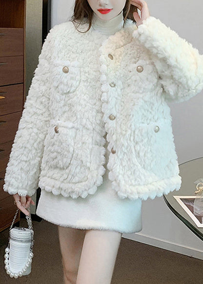 White O-neck Button Faux Fur Coats Fall