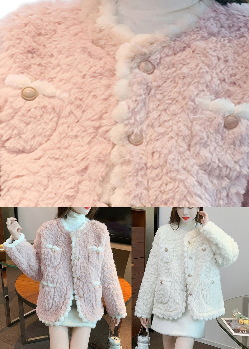 White O-neck Button Faux Fur Coats Fall