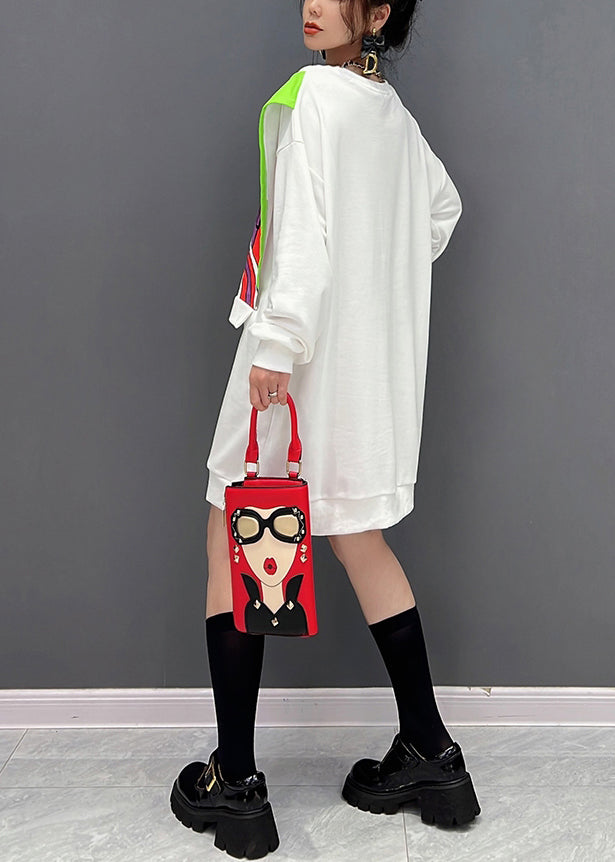 White O-neck Print Fake Two Pieces Cotton Mid Dresses Winter