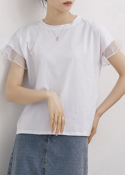 White O-neck Ruffled Cotton T Shirt Short Sleeve