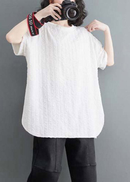 White O-neck Side Open Cotton Top Short Sleeve
