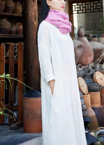 White O-neck Maxi Dresses Long Sleeve