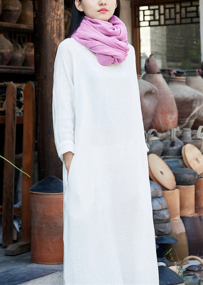 White O-neck Maxi Dresses Long Sleeve