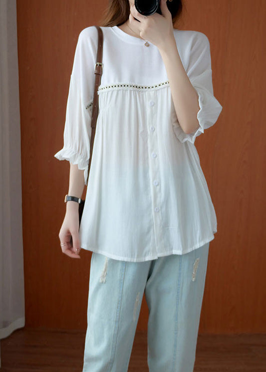 White O-neck Wrinkled Chiffon Tops Half Sleeve