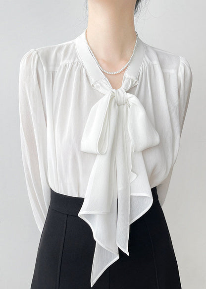 White Oversized Chiffon Shirts Bow Draping Spring