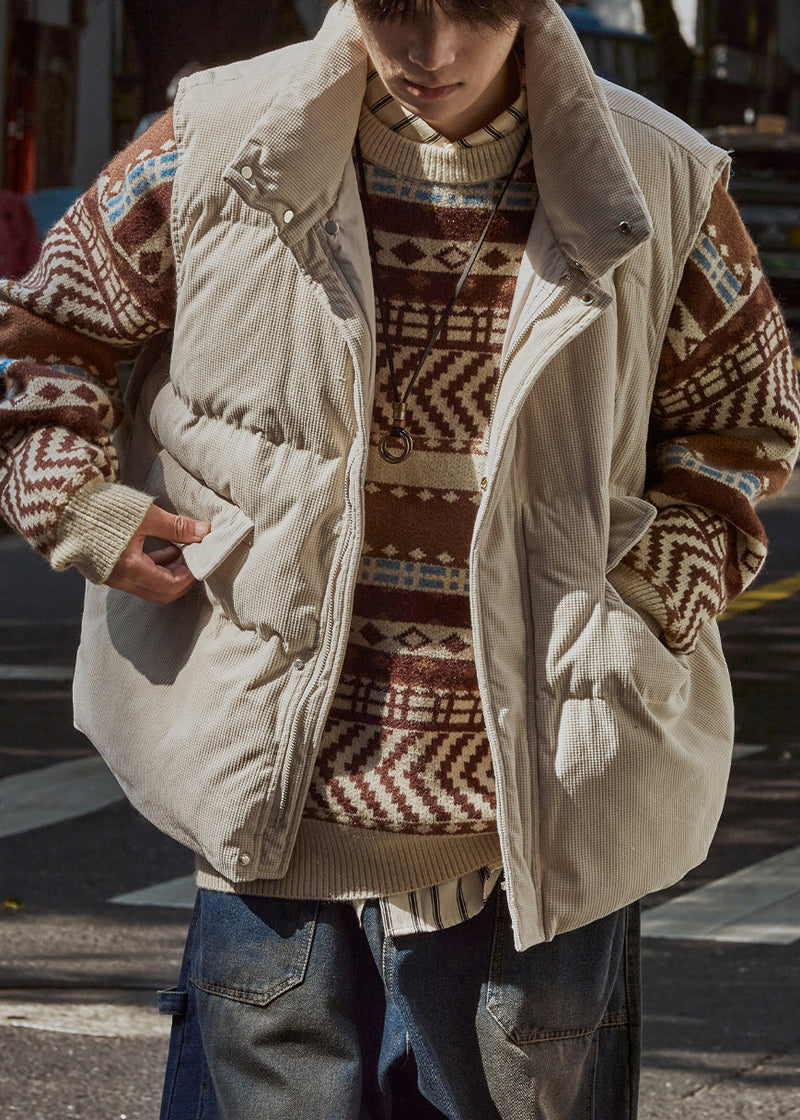 White Oversized Fine Cotton Filled Vests Zippered Winter