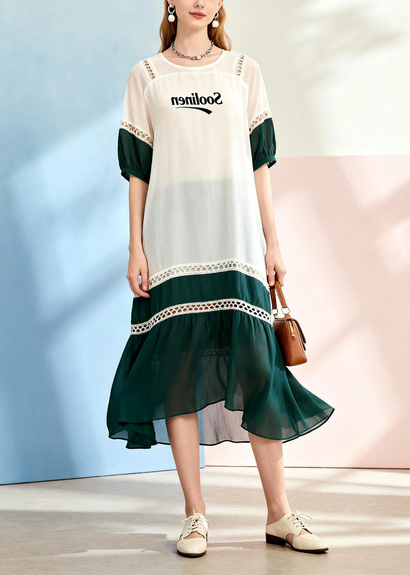 White Patchwork Chiffon Ankle Dress Hollow Out Summer