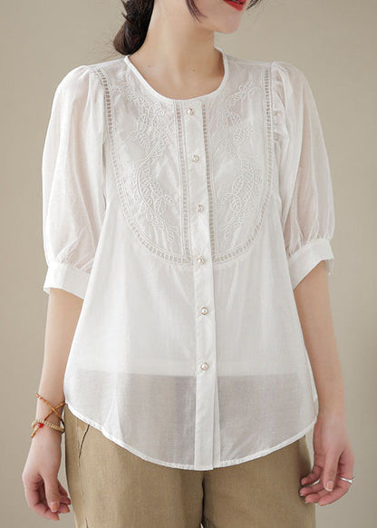 White Patchwork Cotton Top Embroideried O-neck Wrinkled Summer
