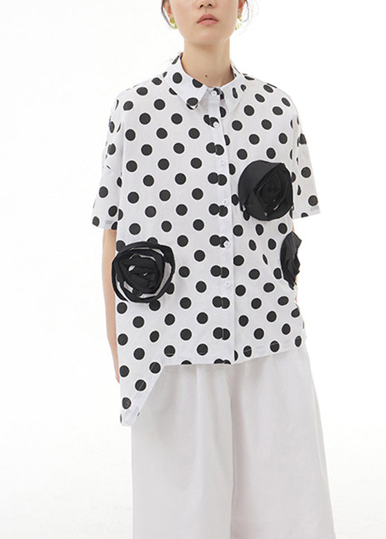 White Patchwork Button Cotton Top Short Sleeve