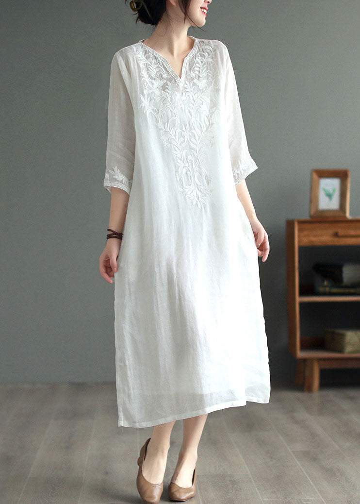 White Geometry Patchwork Linen Dresses V Neck Embroidered Bracelet Sleeve