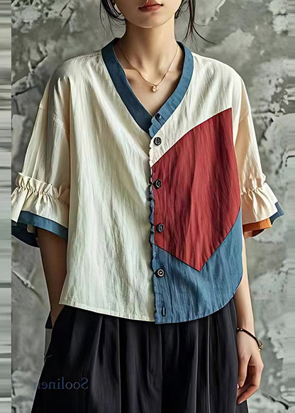 White Patchwork Linen Shirt Tops Wrinkled Summer