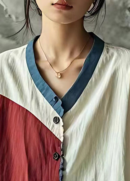 White Patchwork Linen Shirt Tops Wrinkled Summer