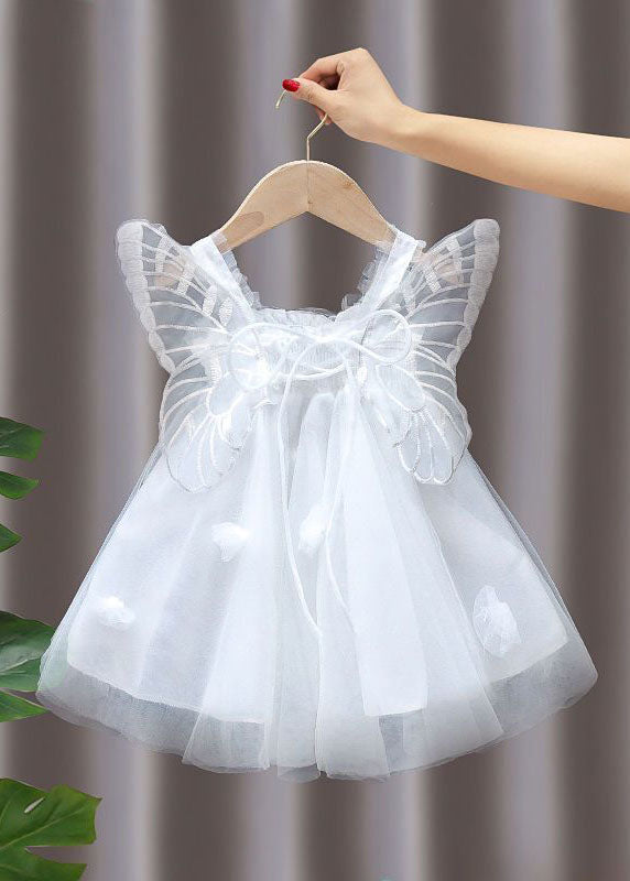 White Patchwork Tulle Baby Dresses Ruffled Butterfly Summer
