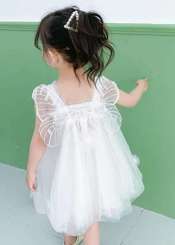 White Patchwork Tulle Baby Dresses Ruffled Butterfly Summer