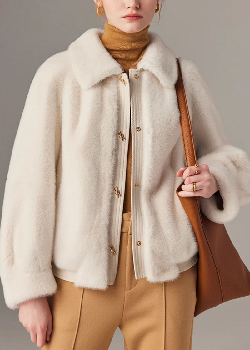 White Pockets Faux Leather Patchwork Mink Hair Coat Peter Pan Collar