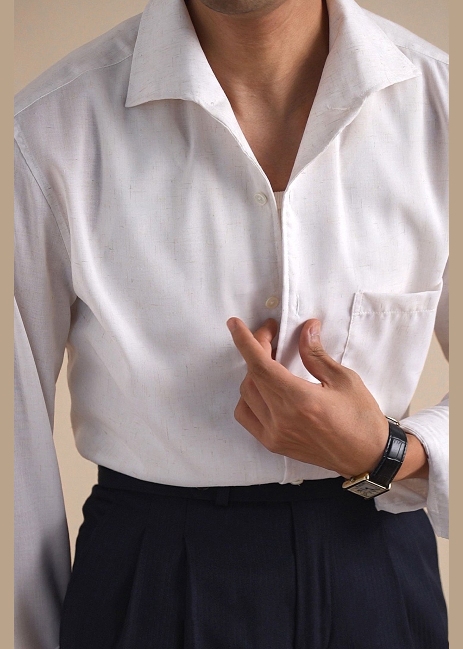 White Pockets Solid Linen Men Shirts Peter Pan Collar