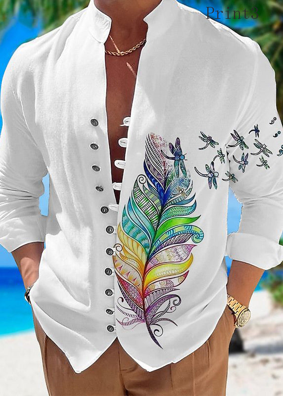 White Print Button Cotton Shirt Stand Collar Fall